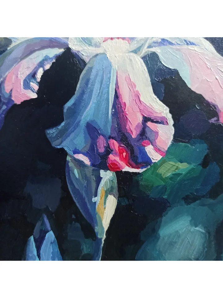 Painting with garden flowers, "Iris flower", original acrylic painting on cardboard 35x25cm