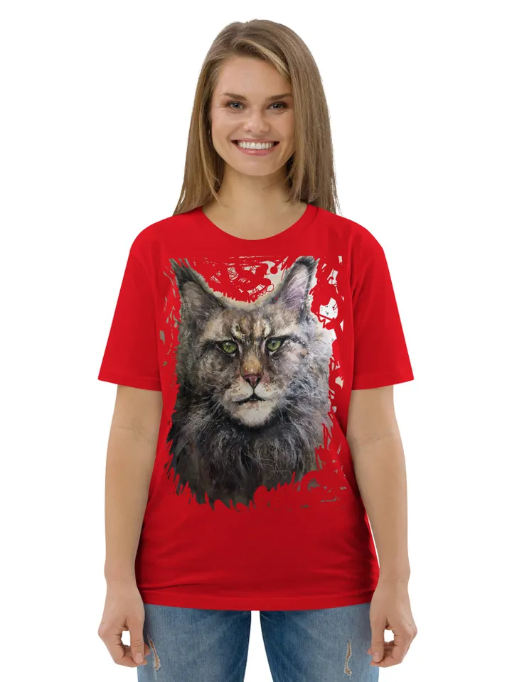 MeineCoon Unisex organic cotton t-shirt made with my original design watercolor meine coon cat painting artistic t shirts,unique design.