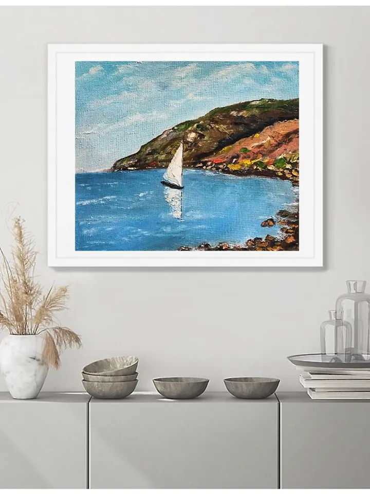 Landscape with sea White Sailboat Art Painting Original Painting on Canvas