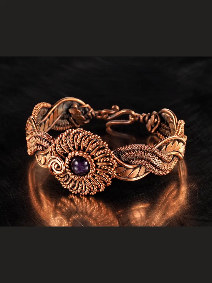 Copper wire wrapped Amethyst bracelet for woman, Statement flower jewelry, 7th Anniversary gift for her woman, Unique copper jewelry, Braided Art Nouveau antique style bracelet, Oxidized pure copper, Handmade