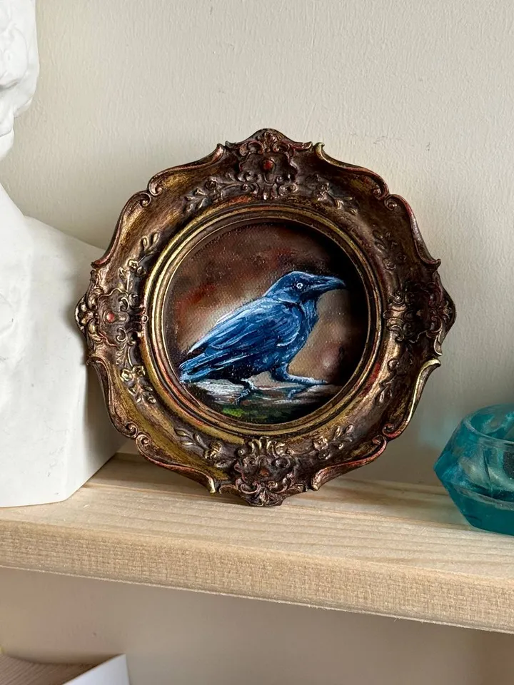 Owl Oil Painting Original In Vintage Style Frame Small Framed Bird Art Baby Owl