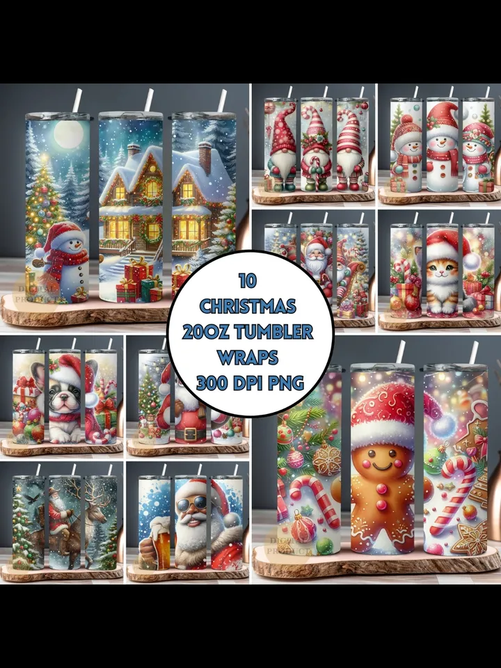 Christmas Bundle Tumbler Wrap png, 10 Festive Christmas Sublimation Designs for 20 Oz Skinny Tumblers, Christmas Gnomes with Gingerbreads