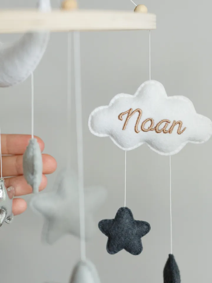 Personalized stars and moon mobile, Cloud nursery mobile and stars crib mobile, Baby felt mobile