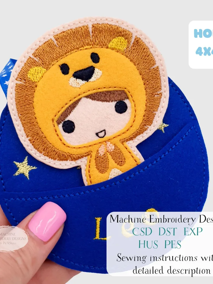 ITH Leo Zodiac Finger Puppet & Bag Embroidery Design, Lion Star Sign Toy Pattern, 4x4 Hoop Christmas Ornament