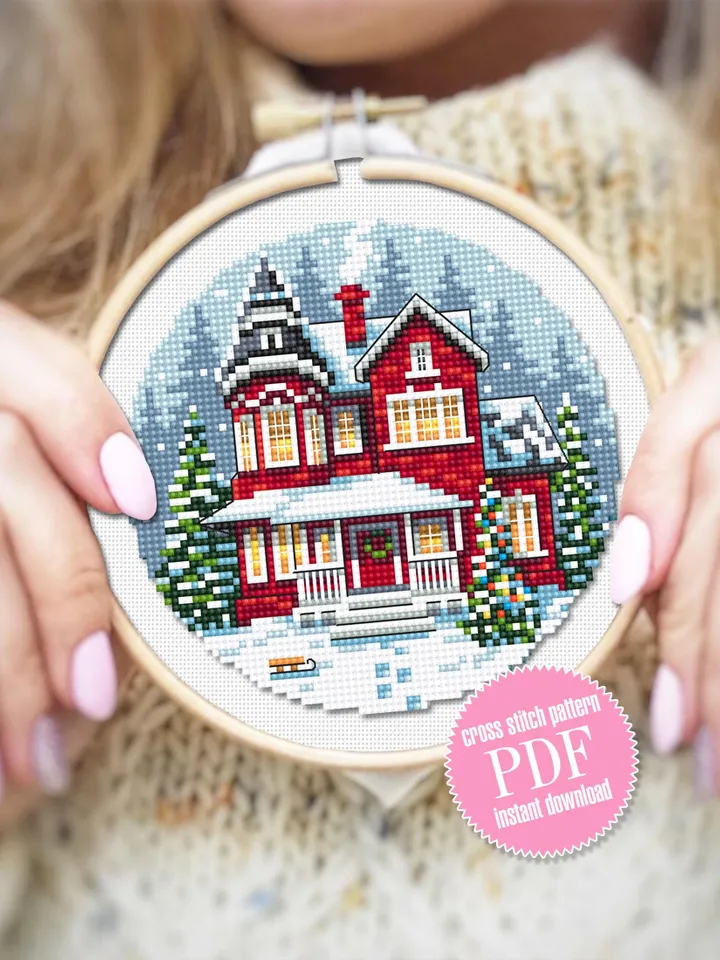 Christmas red house cross stitch pattern PDF download Winter landscape cross stitch chart, Merry Christmas pattern digital PDF #N174