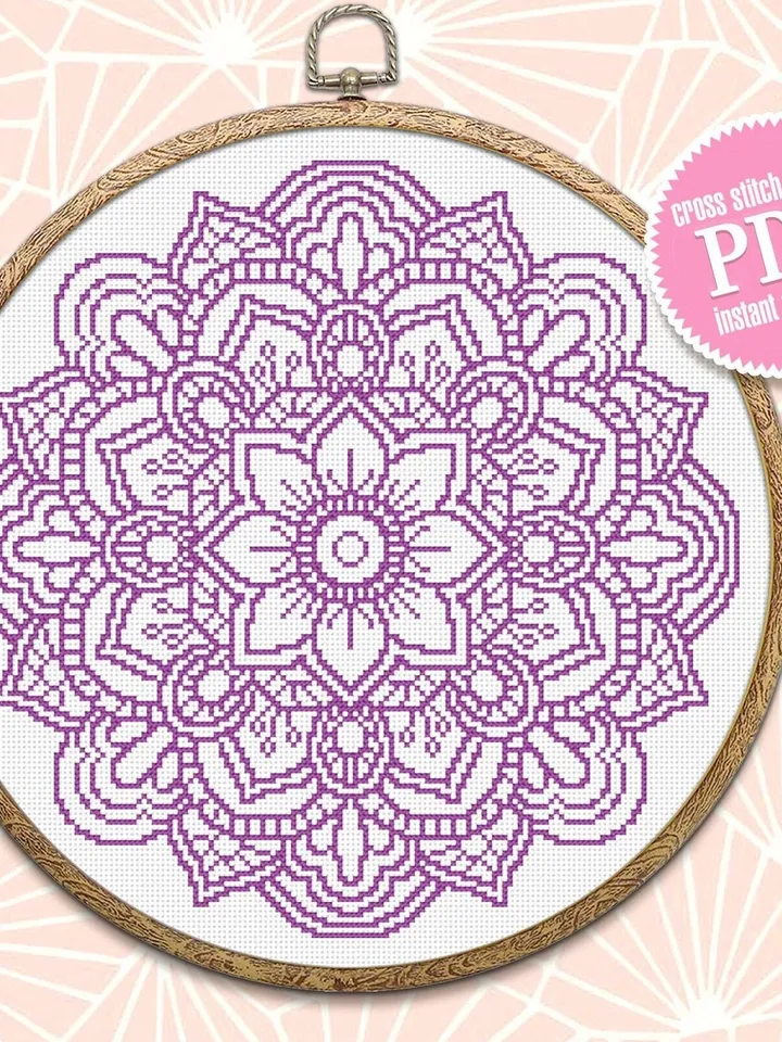 Flower mandala cross stitch pattern download PDF Mandala ornament embroidery PDF Monochrome cross stitch Floral ornament cross stitch #M75