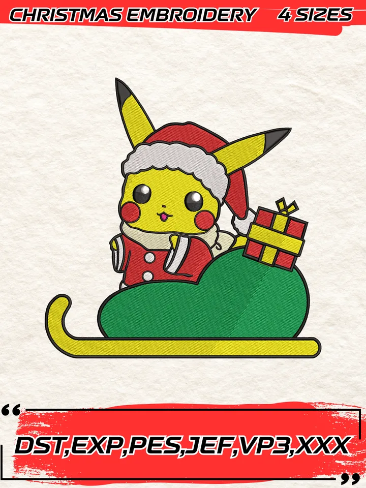 Pikachu Christmas Embroidery Design,Pokemon Embroidery,Christmas Embroidery Design,4 Sizes,Digital Download