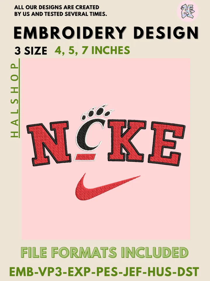 NCAA Cincinnati Bearcats Nike Logo Embroidery Design | Machine Embroidery File | 3 Sizes, 6 Formats | NCAA College Team Design