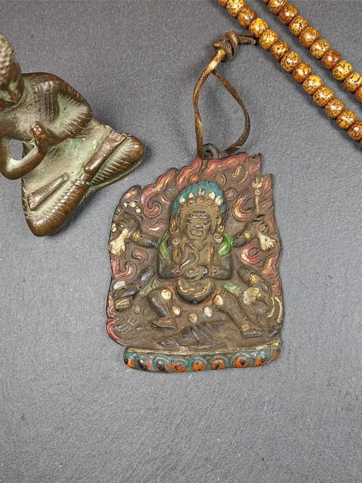Gandhanra Antique Tibetan Buddha Statue,Mahakala Amulet Badge, Buddhist Protector Deity, Made of Thokcha