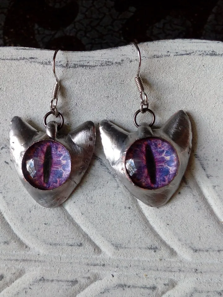 CAT eye earrings, Cat head earrings, Cat lovers bijouterie, Witch earrings, Halloween earrings, Tin soldered earrings
