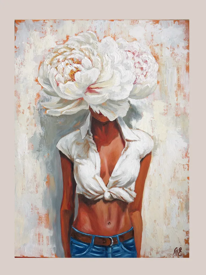 Original Oil Painting Portrait of a Girl With Flowers Woman Wthout Face With Peony Work of Art