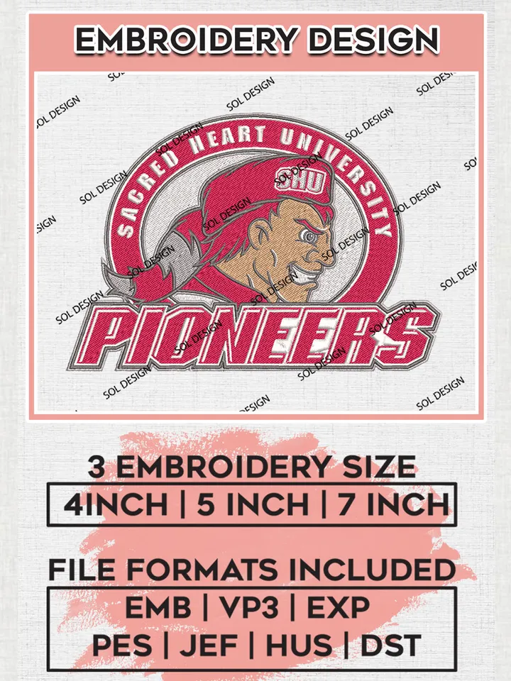 Sacred Heart Pioneers Team Logo Embroidery Design Files, NCAA Sacred Heart Pioneers Machine Embroidery, NCAA Teams, 3 sizes, NCAA Machine embroidery designs, Digital Download