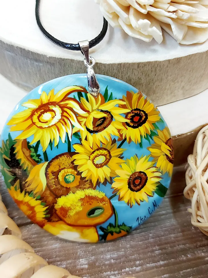 Sunflowers. In the style of Van Gogh. Mother-of-pearl. The Van Gogh pendant. Hand-painted necklace pendant. Hand painted miniature painting.