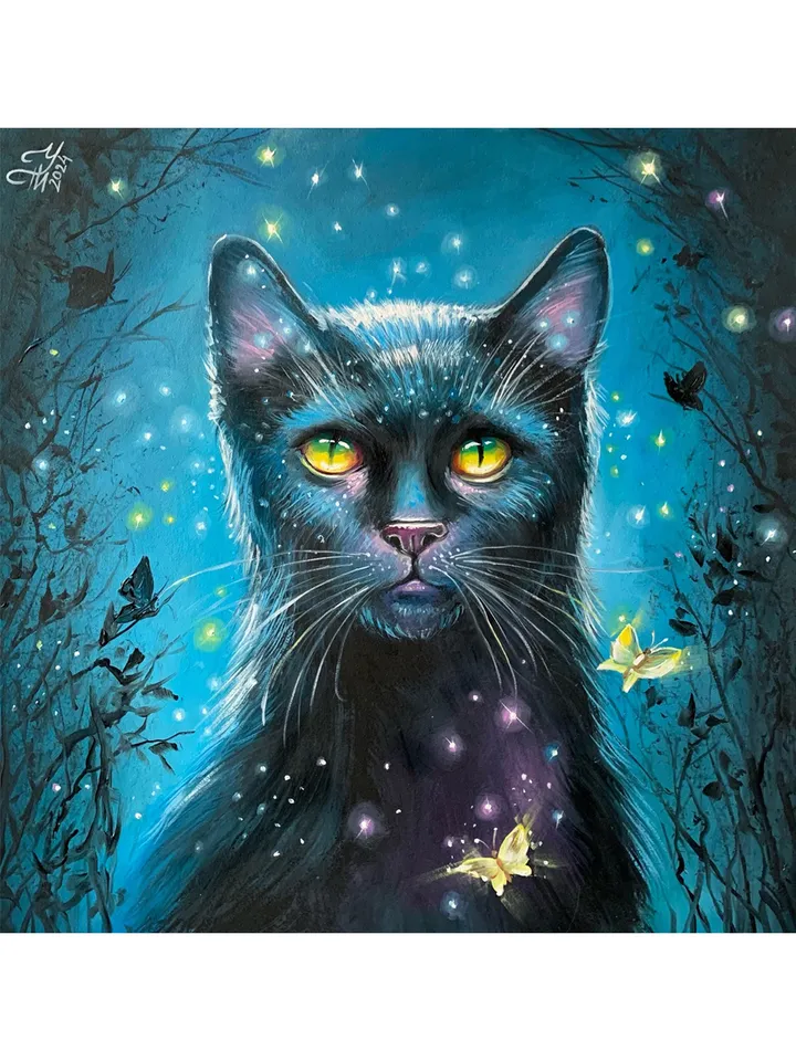 Black cat, oil painting on cardboard