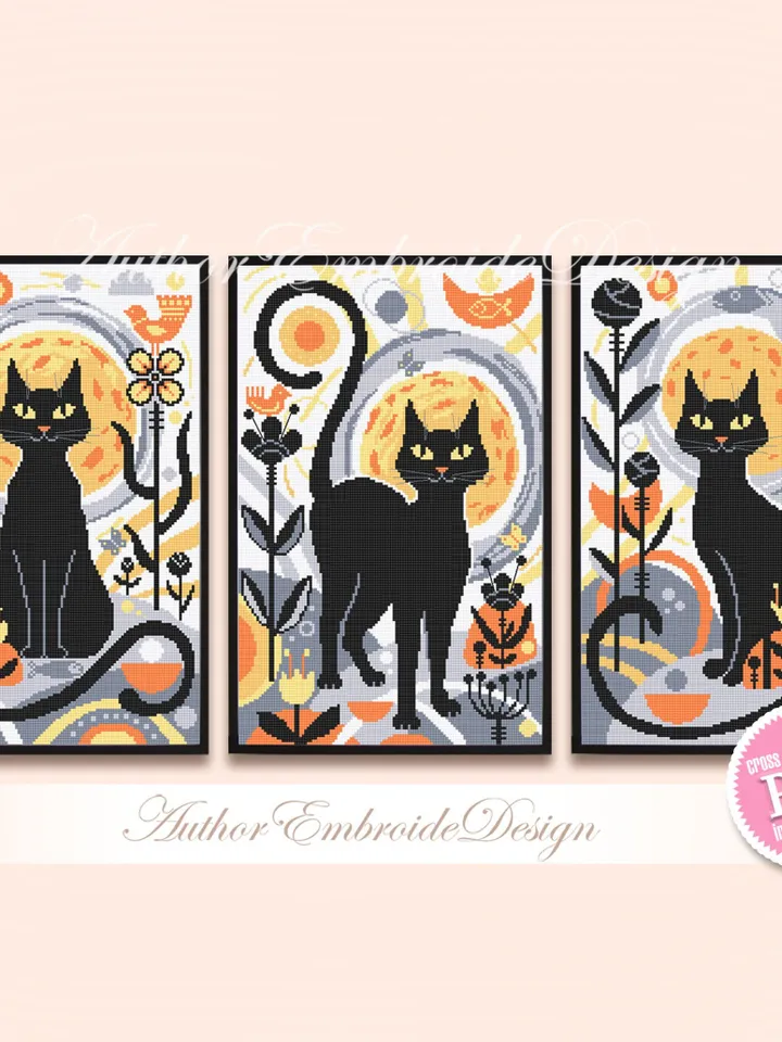 Set of 3 Boho cat cross stitch pattern PDF download Boho cross stitch chart, Abstract pattern digital PDF, Black cat, Boho wall decor #K24
