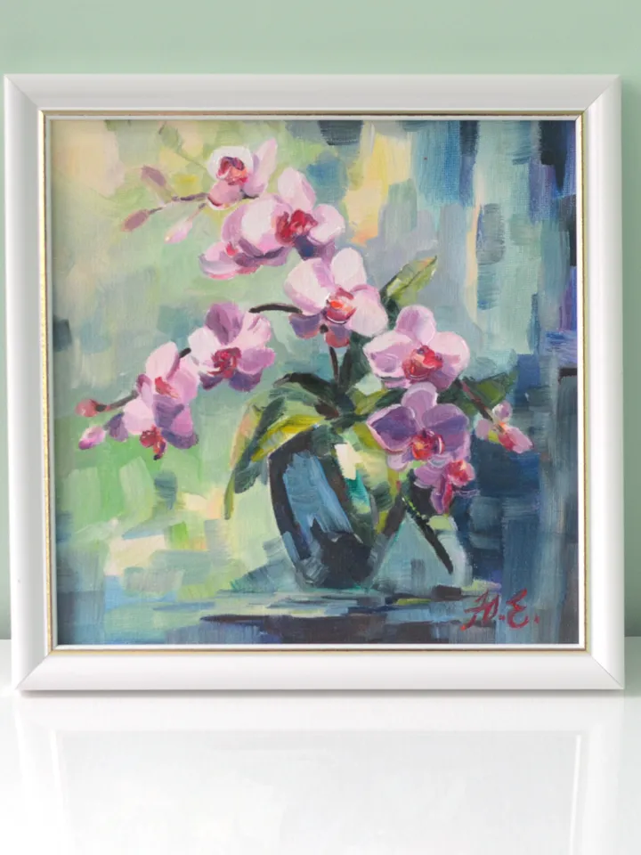 Orchid oil painting in frame / Small floral art