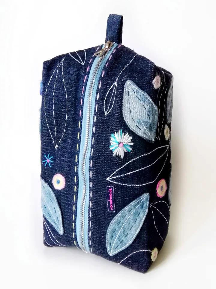 Hand Embroidered Large Cosmetic Bags: Handmade Denim Pouches with Zipper - Unique Embroidered Fabric Women's Beauty Bags. FREE SHIPPING!