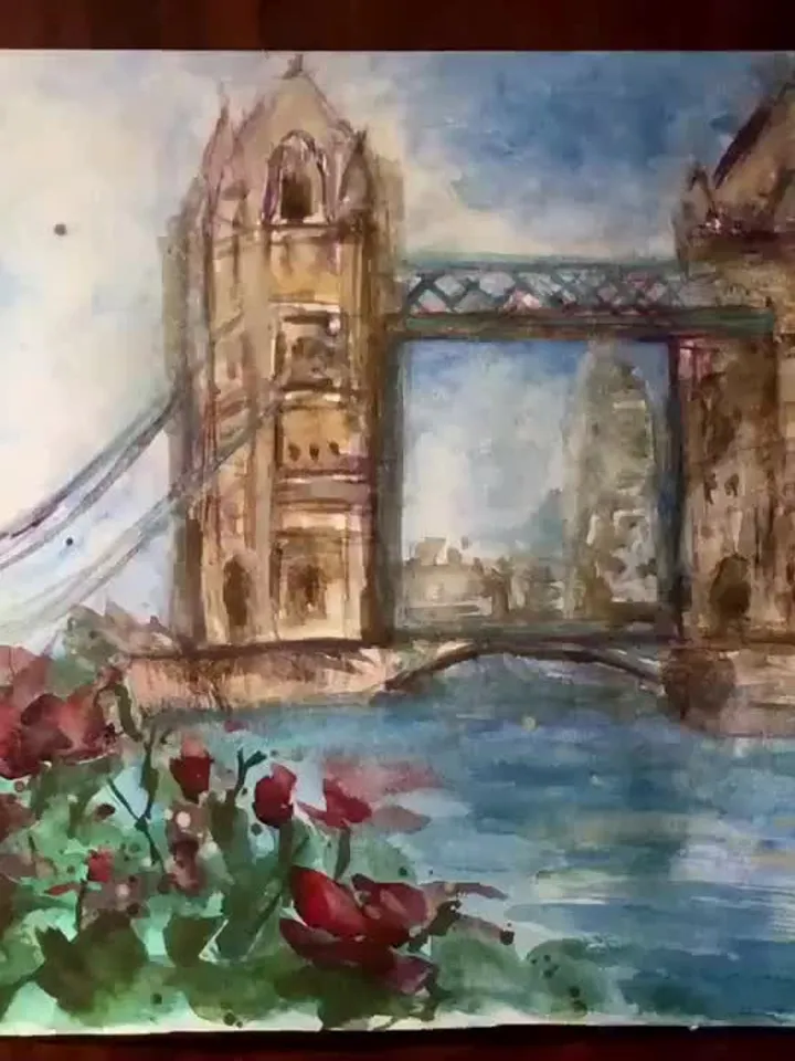 London tower bridge,original watercolour painting,London cityscape,England painting,world capitals wall art,London in flowers,home decor