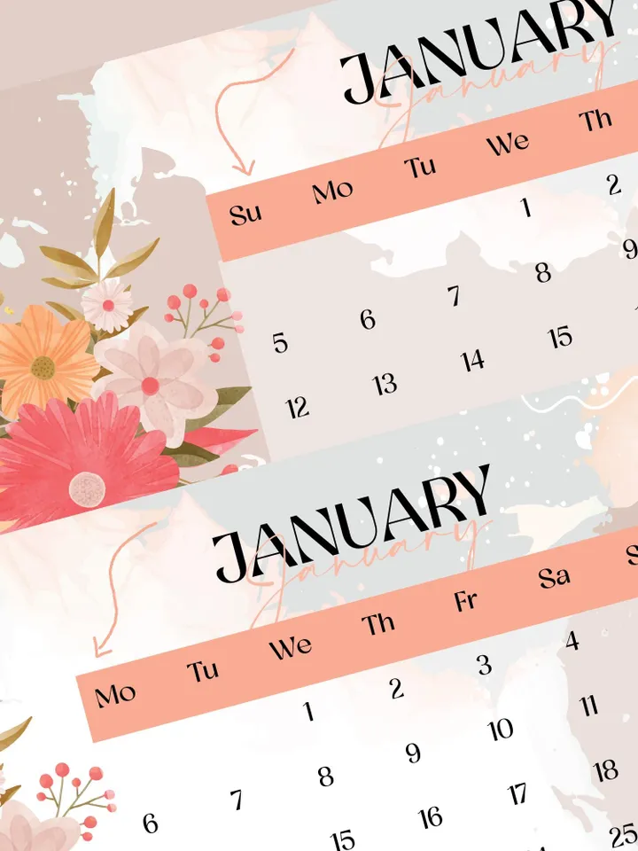 Printable 2025 Calendar, Monthly and Yearly Floral Calendar, A4 PDF & JPEG Files, Digital Wall Calendar, Modern Home Office Decor, New Year