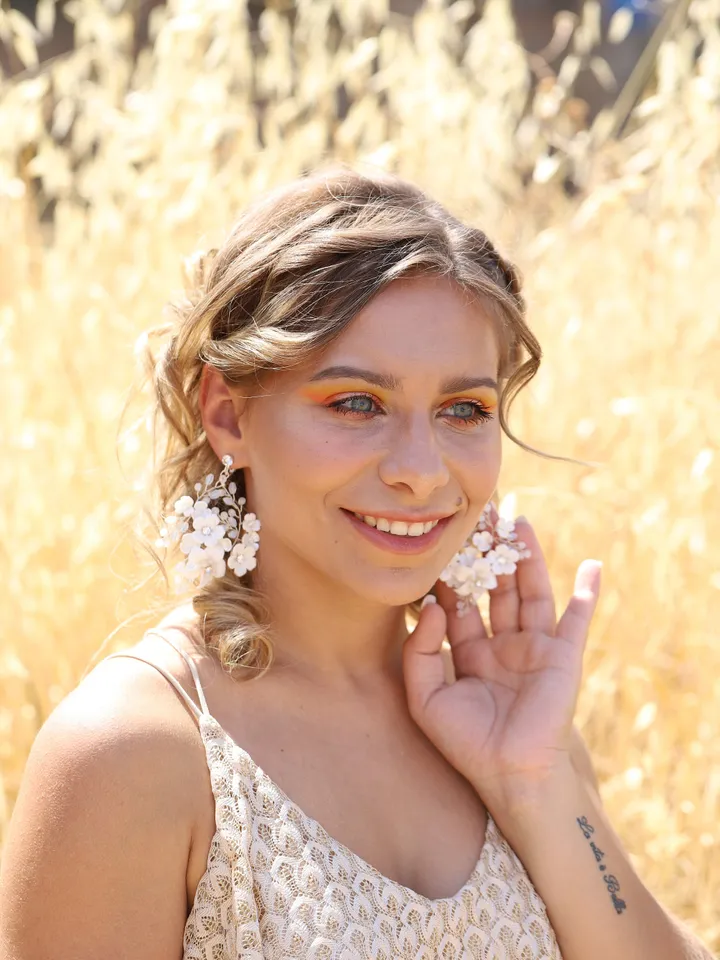 Porcelain Flowers Wedding Earrings Boho Wedding Earrings Rose Gold Hoop Chandelier Earrings Opal Crystal Long Bohemian Boho Bridal Earrings