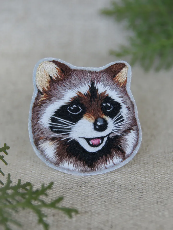 Brooch Raccoon. Small forest animal. Embroidered brooch.