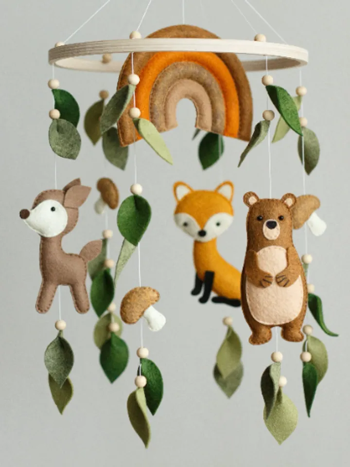 Handcrafted Fox, Bear, Deer and Woodland Themed Felt Baby Mobile - Customizable Nursery Decor