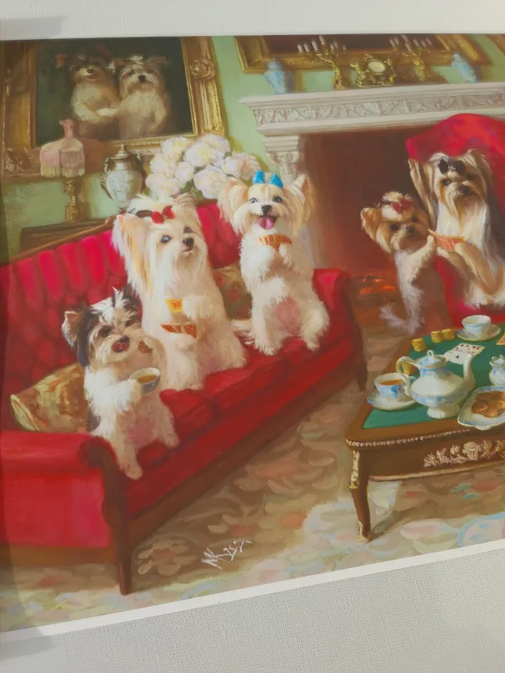 print of oil painting  dogs "Poker" Yorkshire Terriers