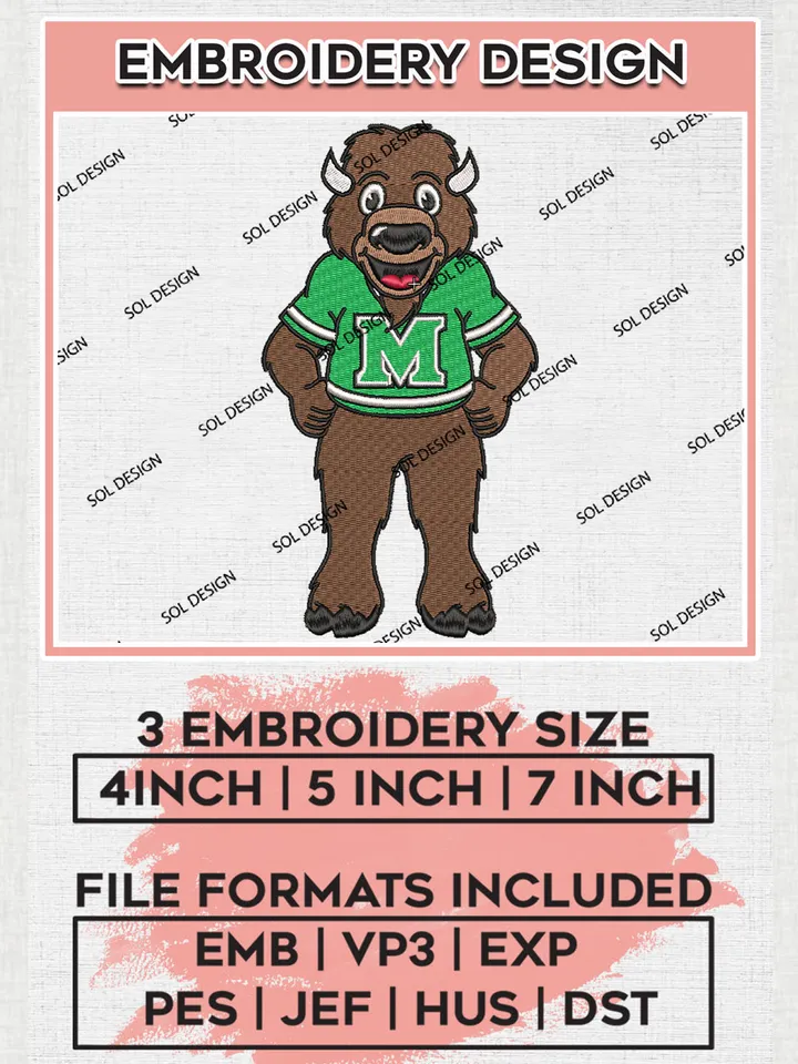 Marshall Thundering Herd Team Mascot Logo Embroidery Design Files, NCAA Marshall Thundering Herd Machine Embroidery, NCAA Teams, 3 sizes, NCAA Machine embroidery designs, Digital Download