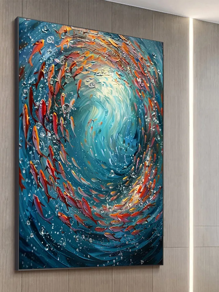 Original School Of Fish On The Bottom Of The Sea Oil Painting On Canvas, Abstract Blue Ocean Painting, Living Room Wall Art, Custom Painting