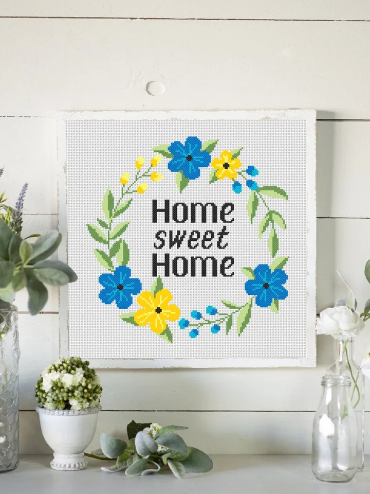 Home sweet home cross stitch pattern download PDF, Framed quote cross stitch chart, Floral wreath embroidery PDF, Easy beginner stitch #Q42