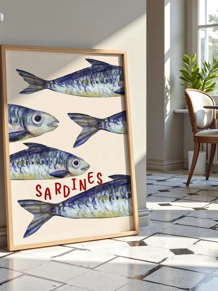 Sardine Wall Art, Sardines Tin Fish Poster, Colorful Kitchen Print, Maximalist Home Decor, Vintage Style Digital Artwork, Retro Sardine Art