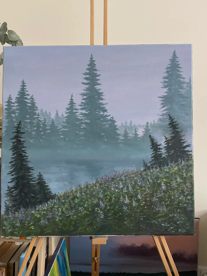 Forest Painting Landscape Oil Artwork Foggy Art Moody Painting On Stretched Canvas 16x16 in