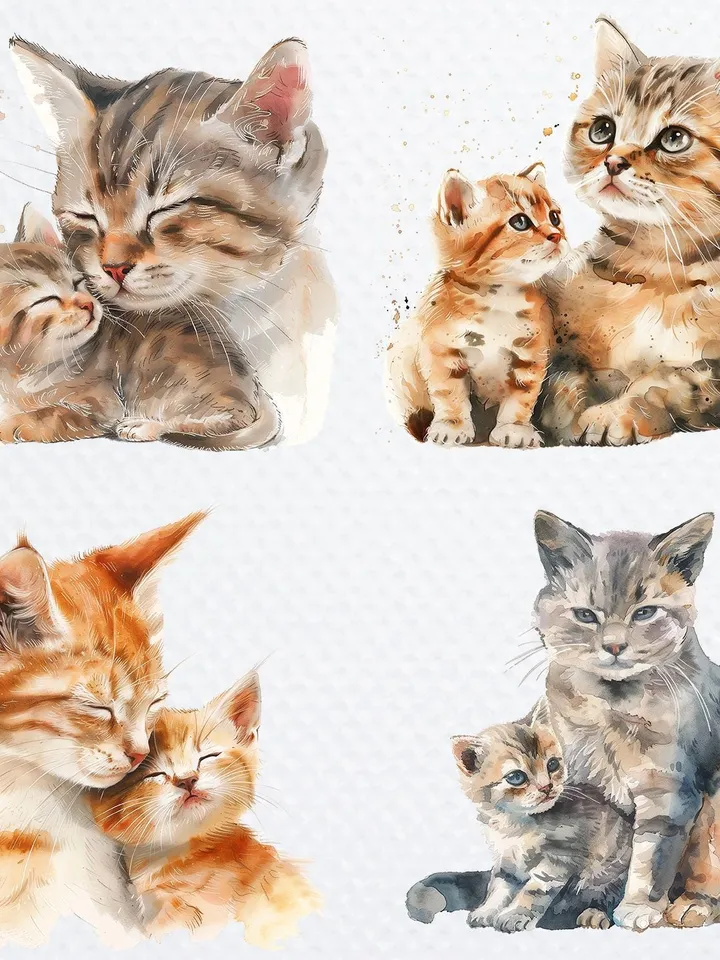 16 Cat and Kitten PNG Bundle, Kitten Love Printable Watercolor clipart, High Quality PNGs, Digital download, Paper craft, junk journal
