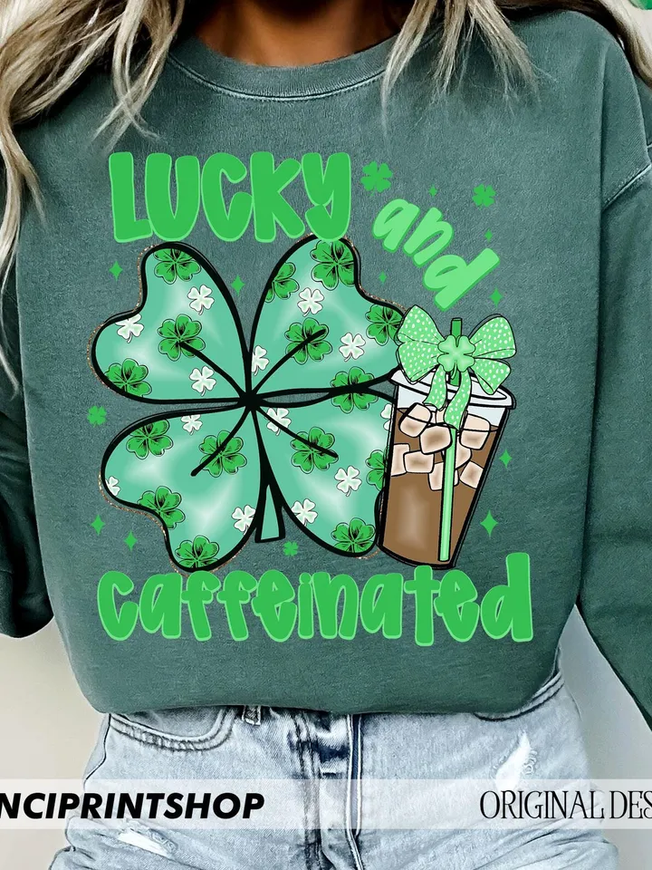 To Be Lucky & Caffeinated PNG, St. Patrick's coffee PNG, St. Patrick's Day png, Lucky Shamrock png, St Patrick's Coquette Bow png, Lucky png