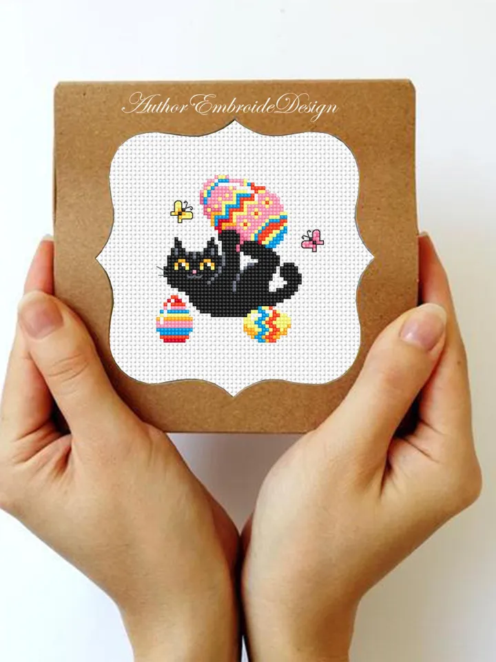 Set Black cat cross stitch pattern PDF download Easter cross stitch chart, Mini cat pattern digital PDF, Easter eggs, Cat holiday cards #T41