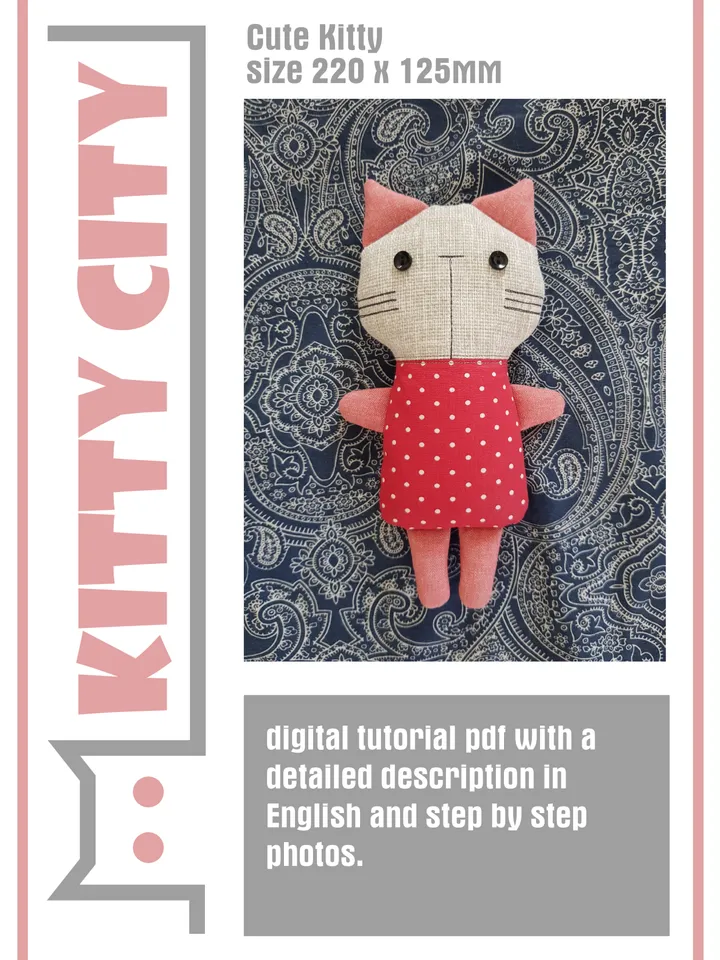 Cat Doll Sewing pattern PDF, digital tutorial in English, Rag doll diy, Cat in red dress