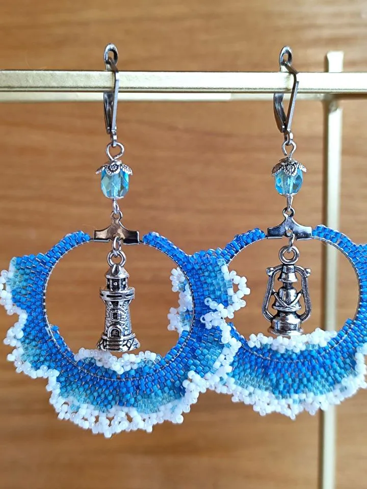 Blue beaded earrings with lighthouse waves kerosene lamp