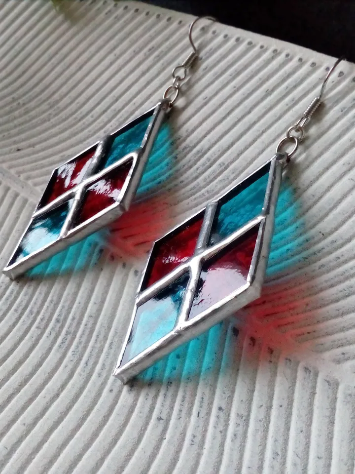 Checkerboard stained glass earrrings - handmade geometric chess plaid earrings