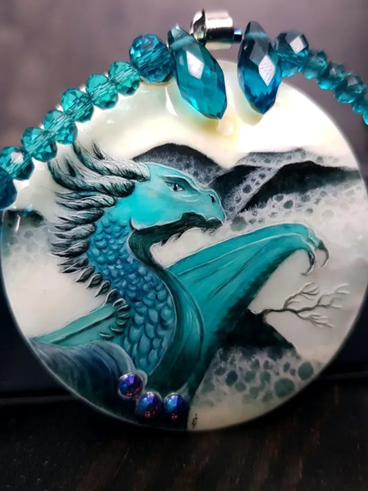 Dragon necklace. Miniature painting of dragon on mother of pearl pendant