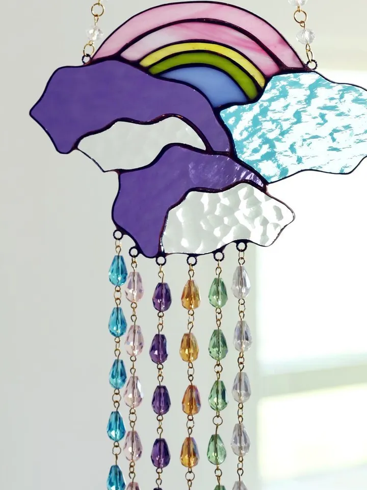 Stained Glass: Rainbow with Six Rainfalls, Hanging Stained Glass, Stained Glass Pendant, Decorative Interior Hanging, Rainbow Stained Glass, Stained Glass with Rainbow, Clouds, and Rain,Rain Stained Glass,Stained Glass with Rainbow for Interior Decoration
