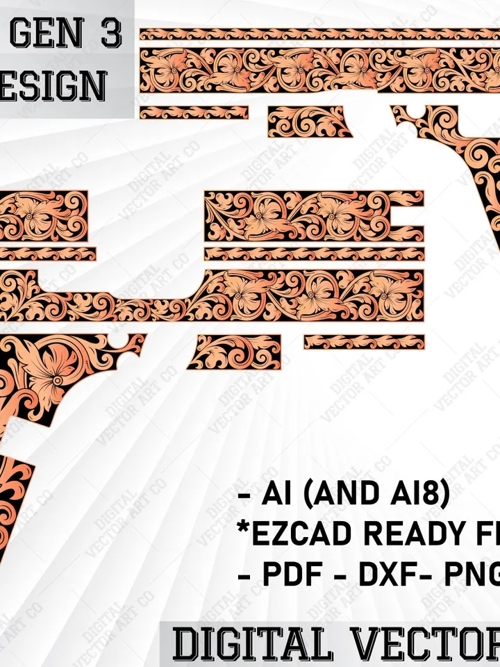 Custom  Ornamentals Scroll Design Glock 19 Gen 3 | Svg Laser Engraving Scrolls | Ornamentals Engraving |Filigree Svg Scrolls | Vector Design