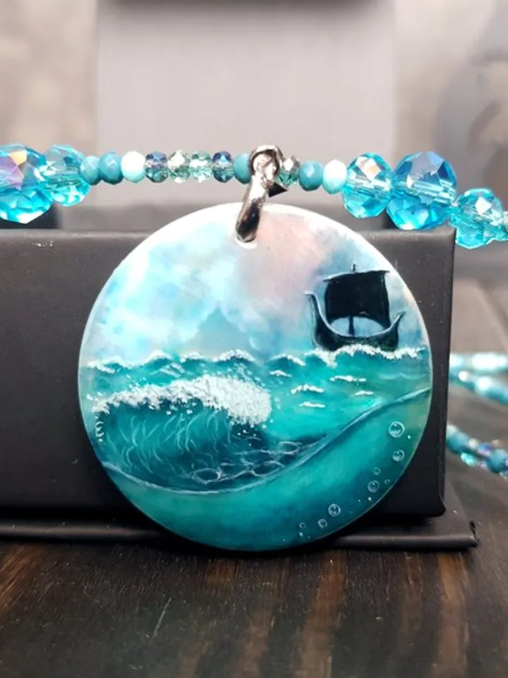 Wave necklace with viking ship, sea wave miniature painting on pearl pendant
