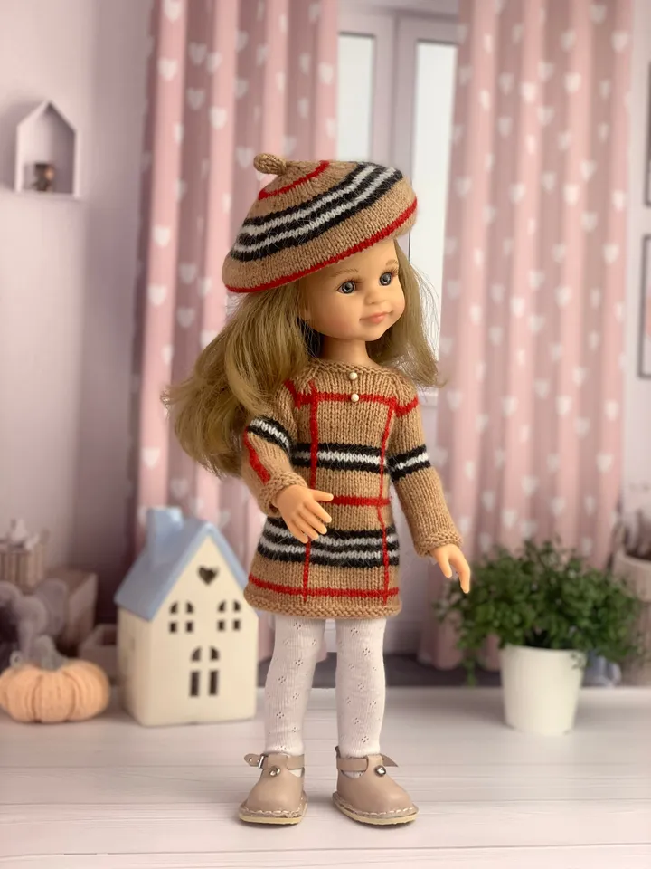 Сheckered Вress for Paola Reina doll KNIT PATTERN tutorial Boneka 12-13 inch doll, Ruby Red Siblies, Les Cheries 32 cm PDF eng