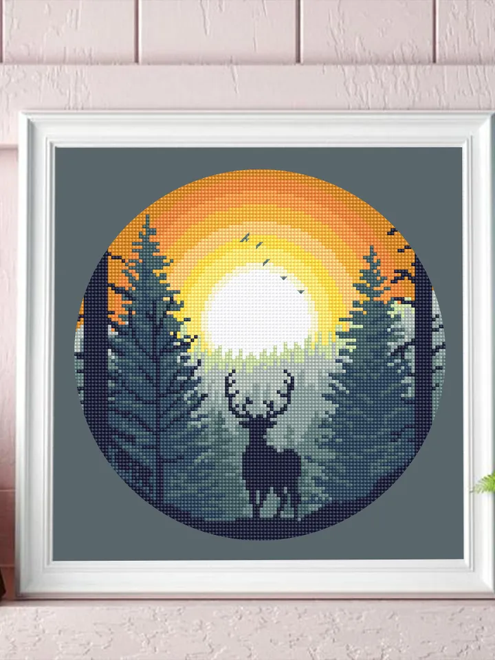 Nature landscape cross stitch pattern PDF download Deer in forest cross stitch chart, Forest sunset pattern digital PDF Deer silhouette #L75
