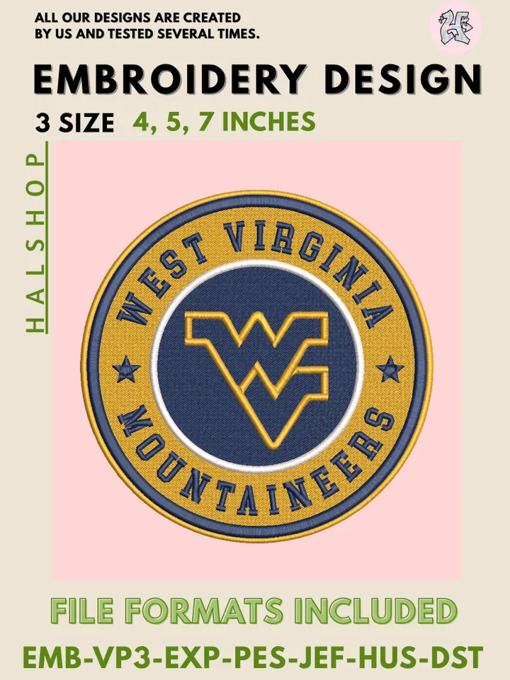 NCAA West Virginia Mountaineers Round Logo Embroidery, NCAA West Virginia Mountaineers Logo Embroidery Files, NCAA Teams, Machine Embroidery Designs, Digital Download