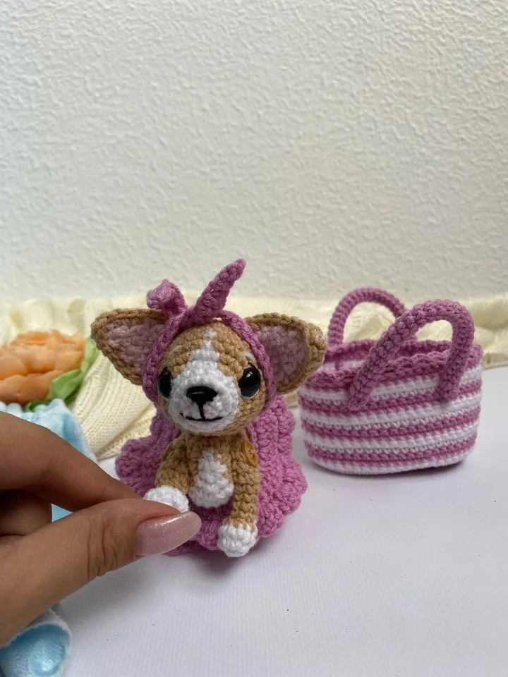 PDf Chihuahua Dog in a Bag Crochet pattern, Crochet Animal Pattern, Crochet Puppy, Amigurumi baby toy, Crochet Cute Dog Amigurumi
