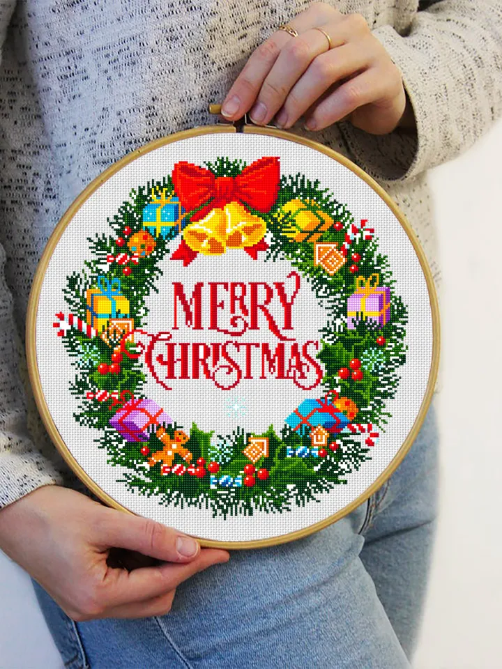 Merry Christmas cross stitch pattern download PDF Christmas wreath cross stitch Christmas pattern digital Winter holiday embroidery PDF #N20