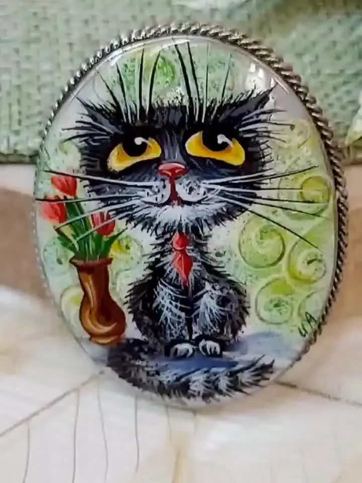 Brooches for women: Grey stripped kitten pin, mother of pearl designer jewelry, hand painted shell with kitty, wonderful cat lover gift