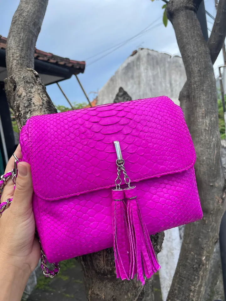 Genuine Python Skin Crossbody Bag | Chain Tassel hot pink bag | Leather Woman Free Shipping Handmade Summer purse | exotic leather bag