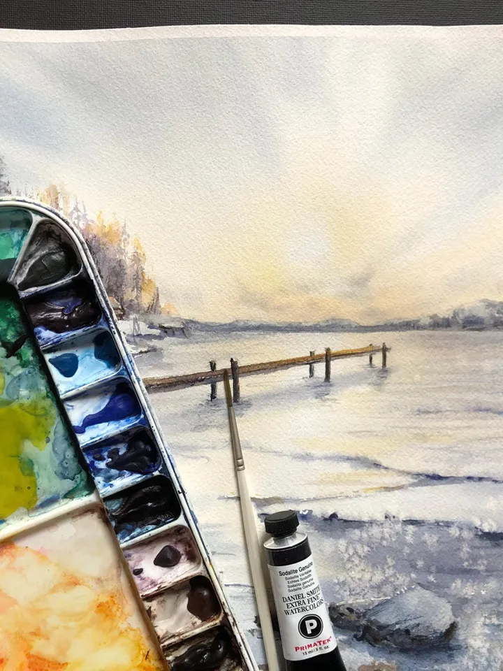 Landscape Original Watercolor Painting Sunset Art Lake Painting